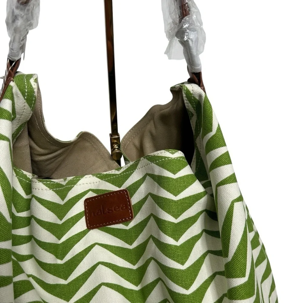 Halsea Dunes Bucket Bag Green Chevron Leather Trim Cotton Canvas Beach Chic Bag
